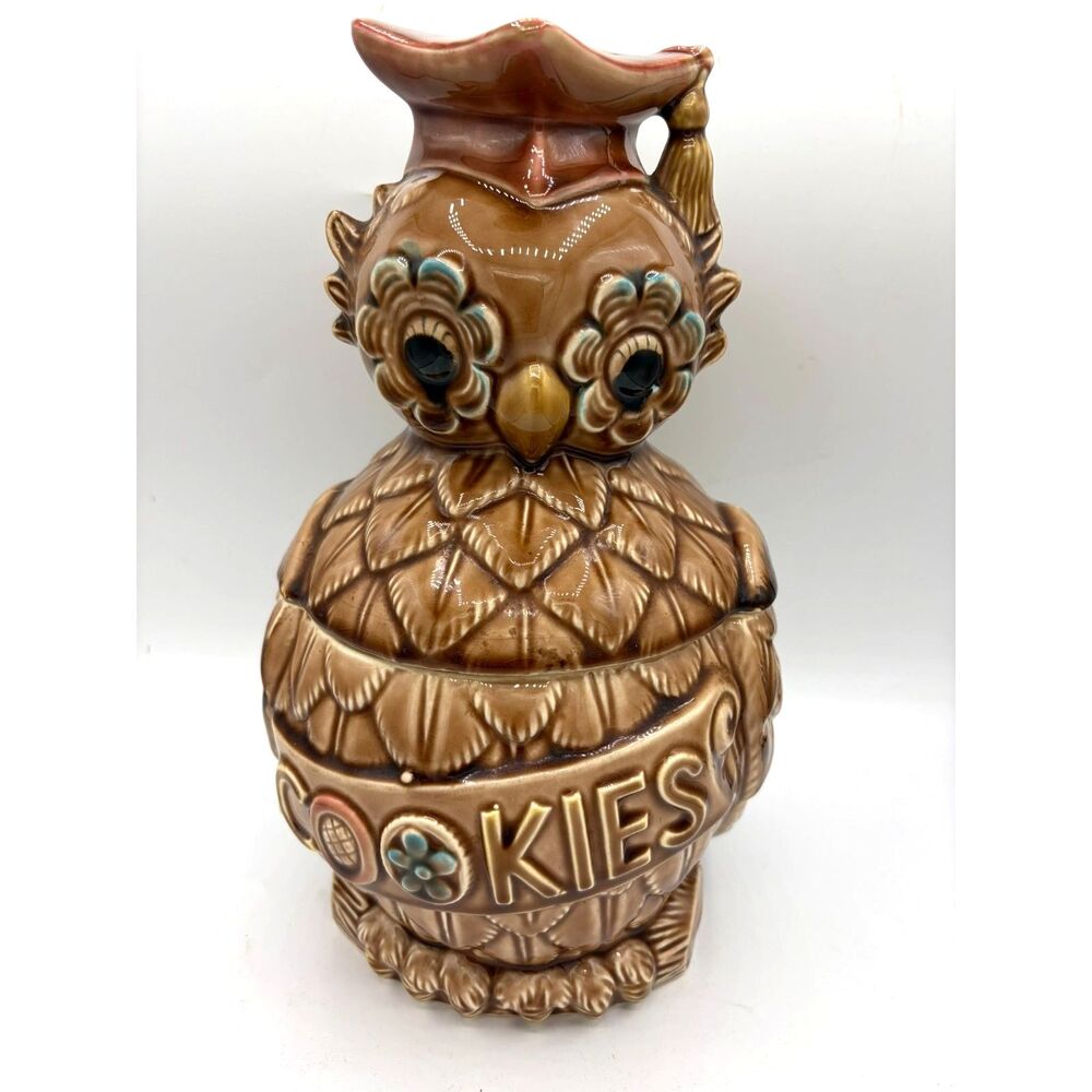 Vintage 1960s OWL Cookie Jar Graduation Cap Wise Ceramic National Silver Co.